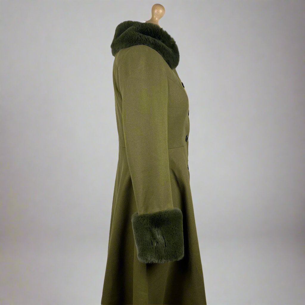 Vintage 1990's Olive Green Long Faux Fur Coat -Size Medium