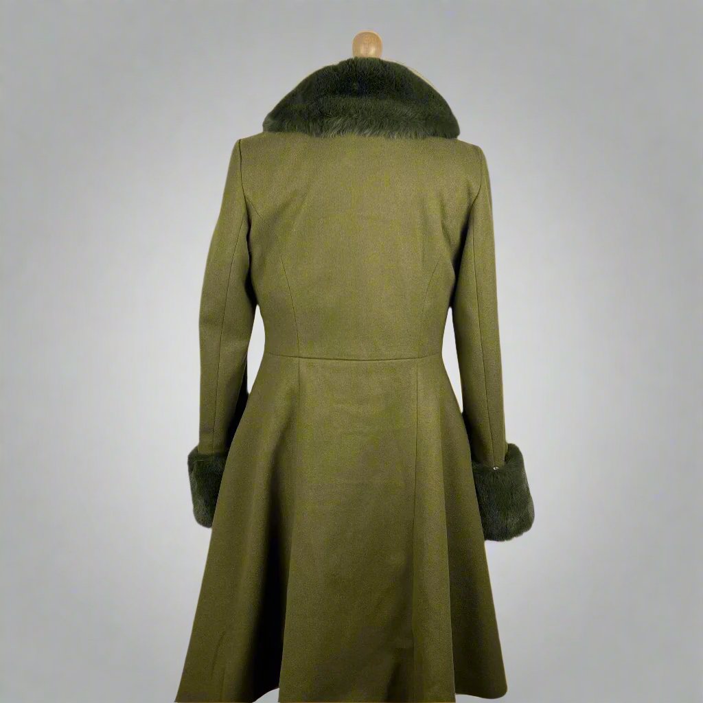 Vintage 1990's Olive Green Long Faux Fur Coat -Size Medium